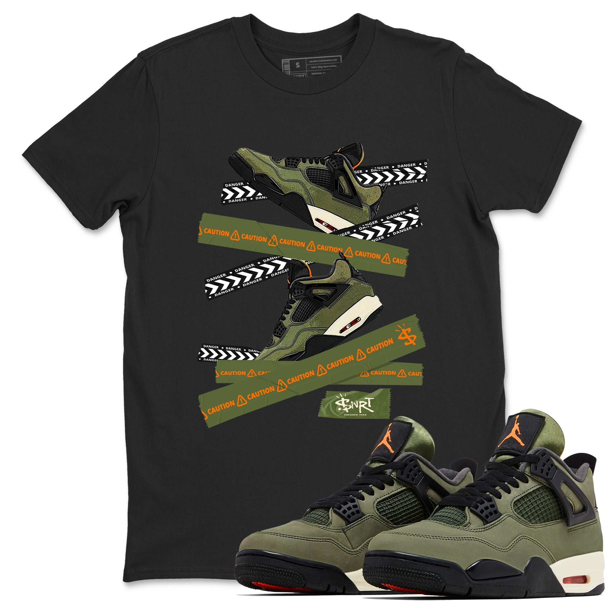 Sneaker match tees – Sneaker Tees To Match Undefeated inspired colorways Air Jordan 4 OG Olive Shoes  – Caution Tape Tee Black 1