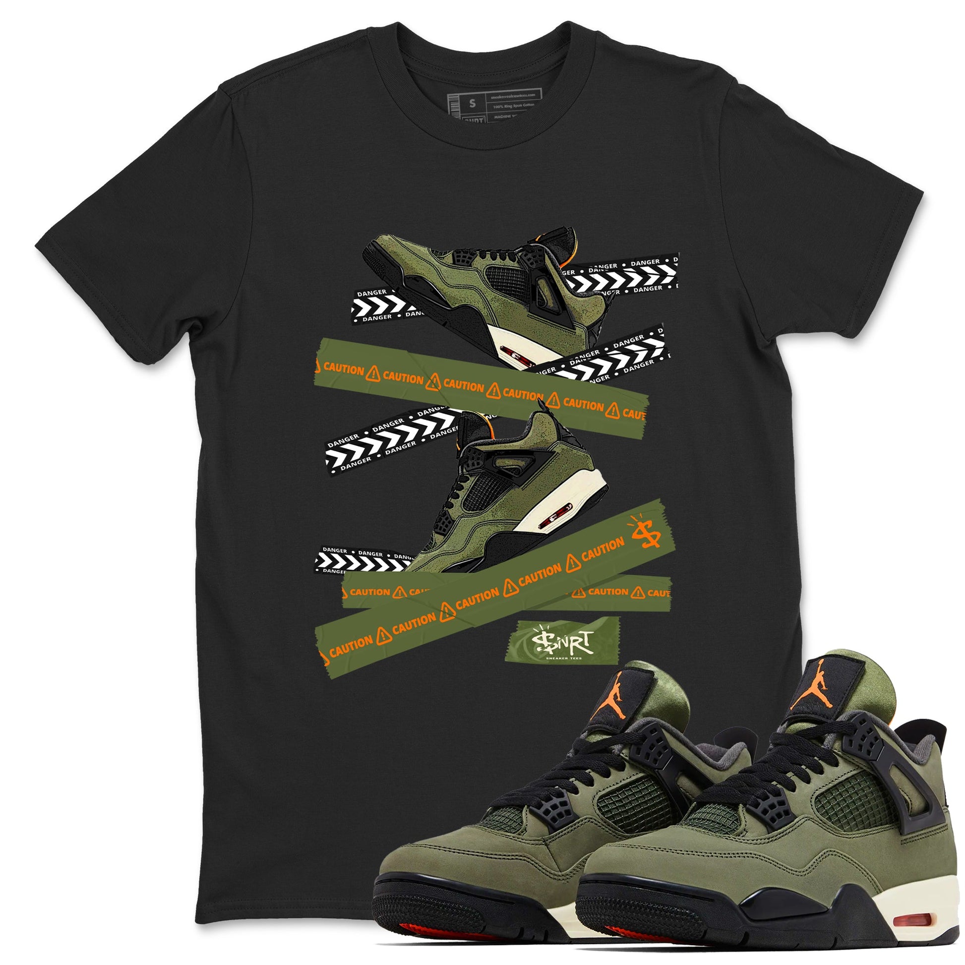Sneaker match tees – Sneaker Tees To Match Undefeated inspired colorways Air Jordan 4 OG Olive Shoes  – Caution Tape Tee Black 1