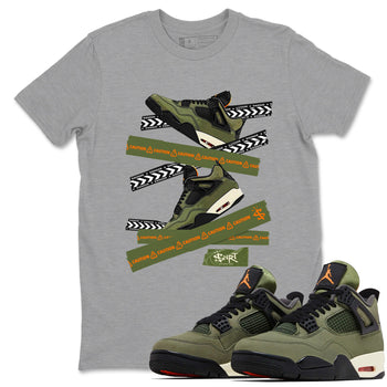 Sneaker match tees – Sneaker Tees To Match Undefeated inspired colorways Air Jordan 4 OG Olive Shoes  – Caution Tape Tee Heather Grey 1