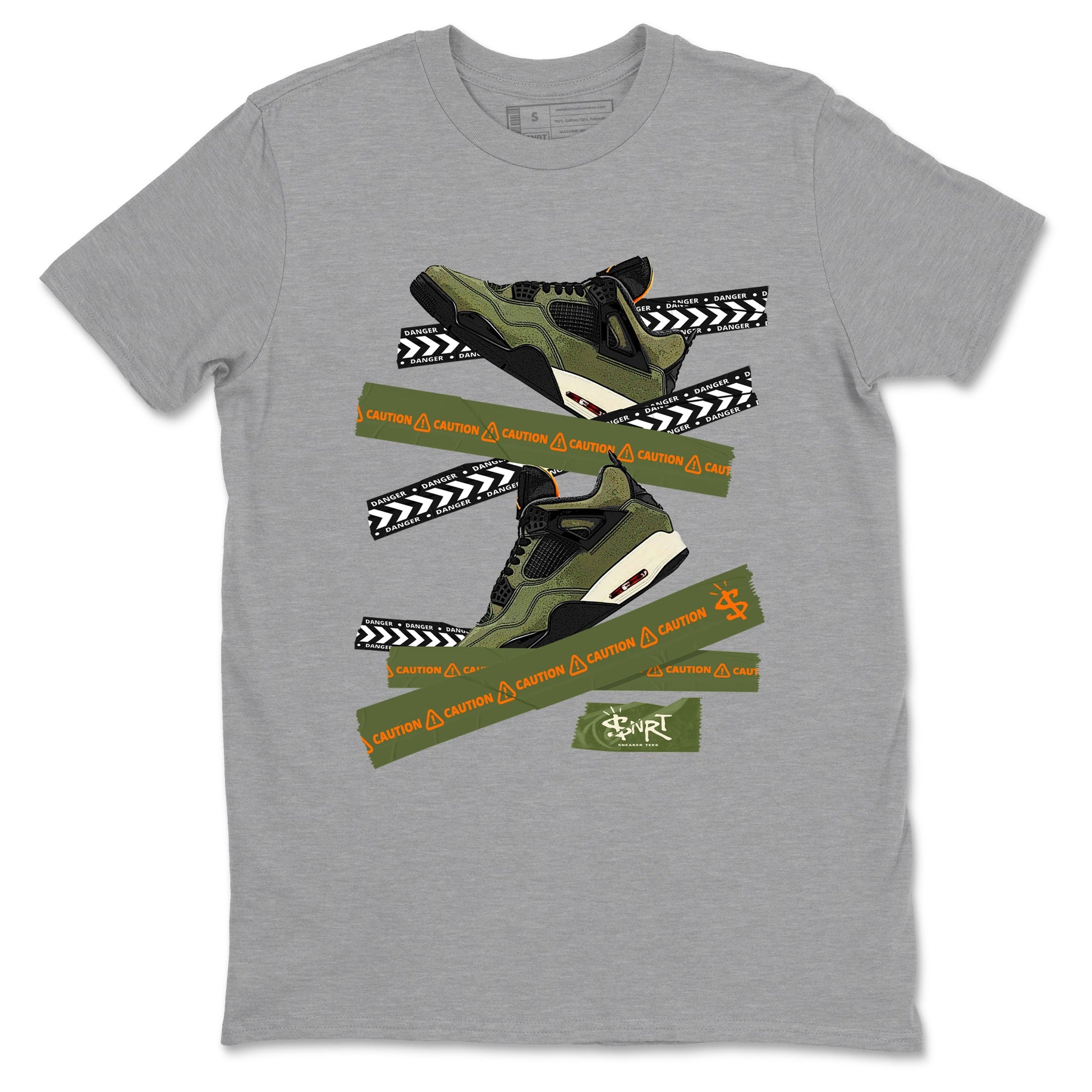 Sneaker match tees – Sneaker Tees To Match Undefeated inspired colorways Air Jordan 4 OG Olive Shoes  – Caution Tape Tee Heather Grey 2