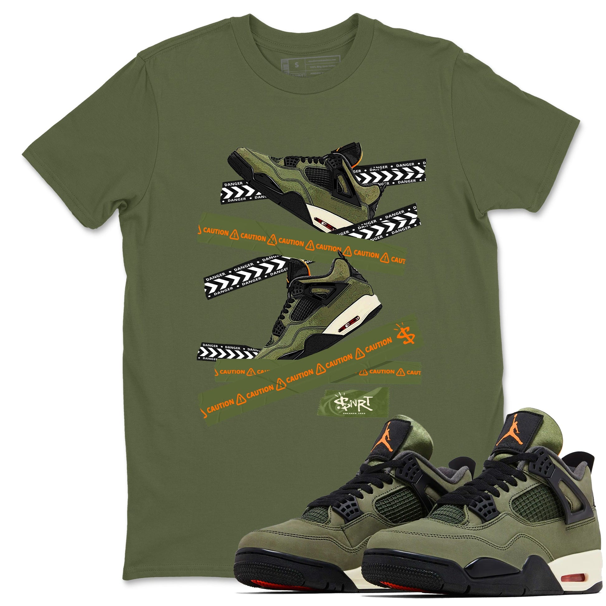 Sneaker match tees – Sneaker Tees To Match Undefeated inspired colorways Air Jordan 4 OG Olive Shoes  – Caution Tape Tee Military Green 1