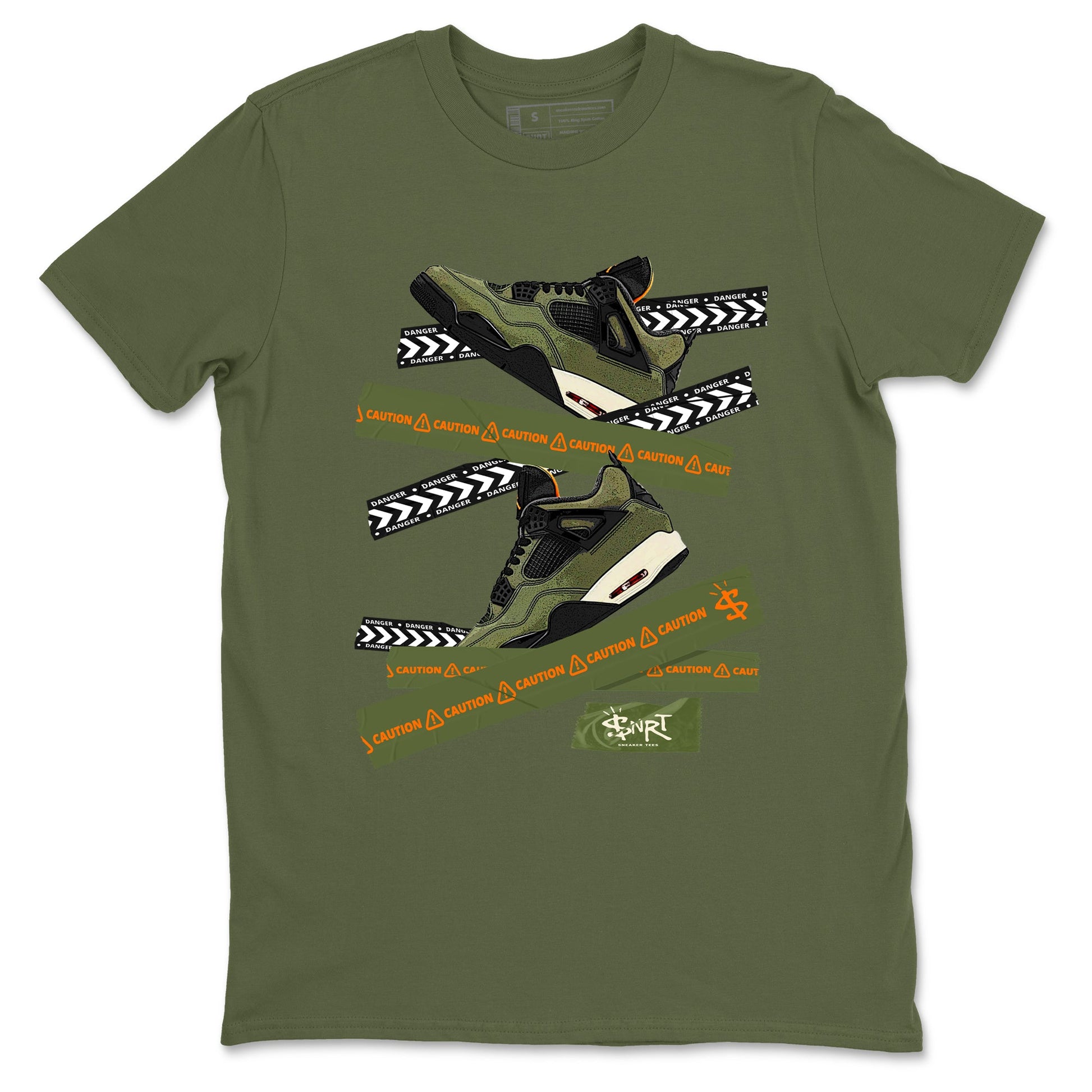 Sneaker match tees – Sneaker Tees To Match Undefeated inspired colorways Air Jordan 4 OG Olive Shoes  – Caution Tape Tee Military Green 2
