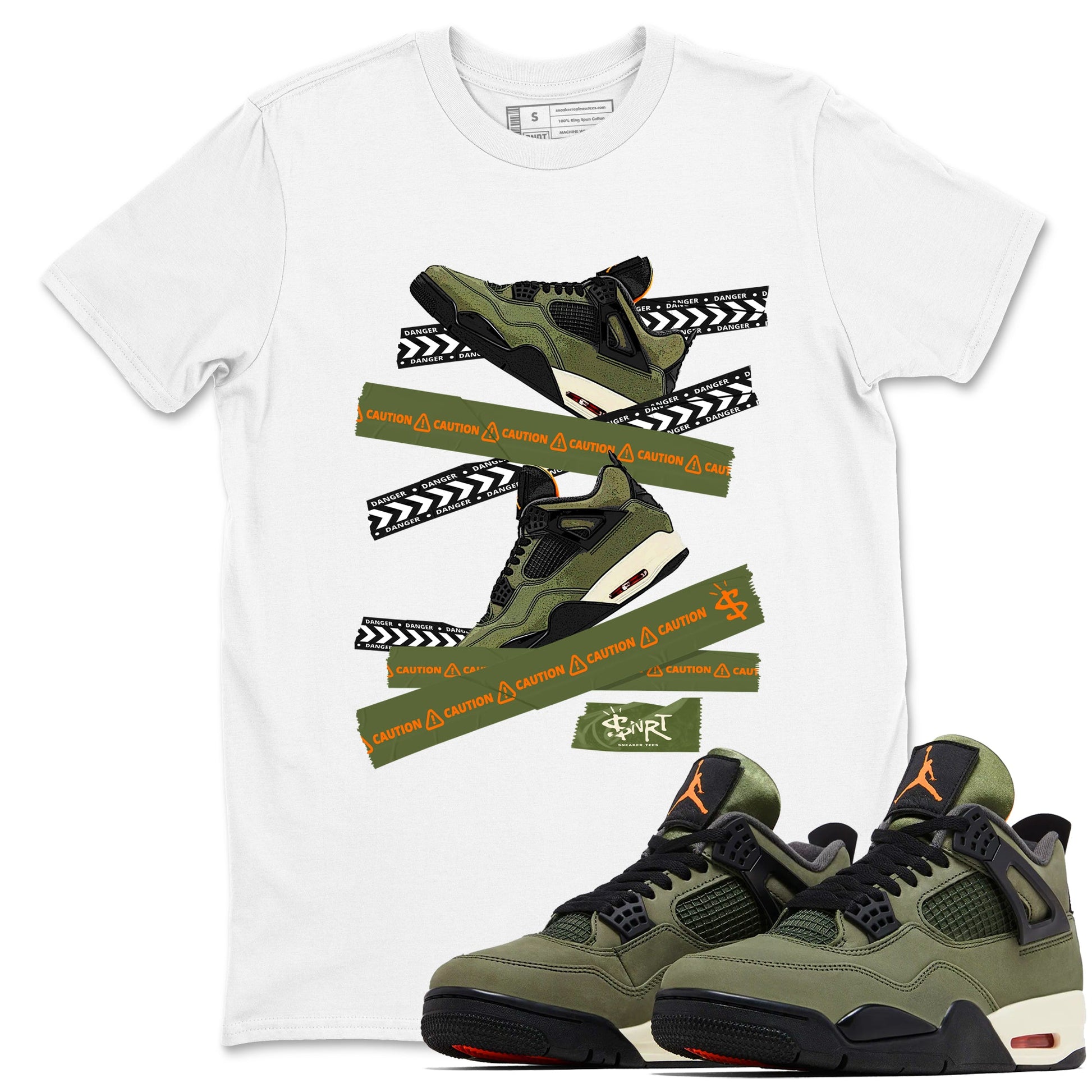 Sneaker match tees – Sneaker Tees To Match Undefeated inspired colorways Air Jordan 4 OG Olive Shoes  – Caution Tape Tee White 1