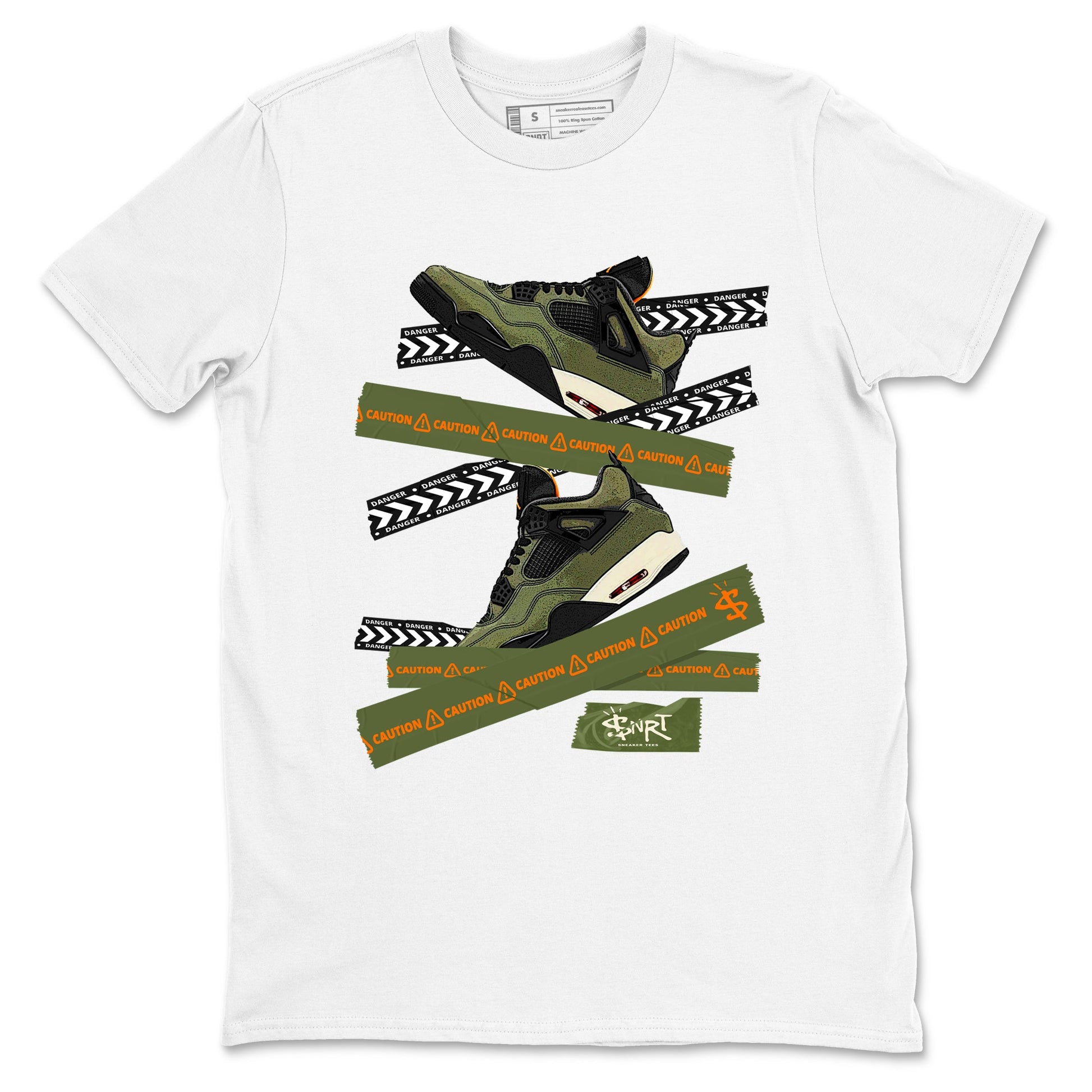 Sneaker match tees – Sneaker Tees To Match Undefeated inspired colorways Air Jordan 4 OG Olive Shoes  – Caution Tape Tee White 2