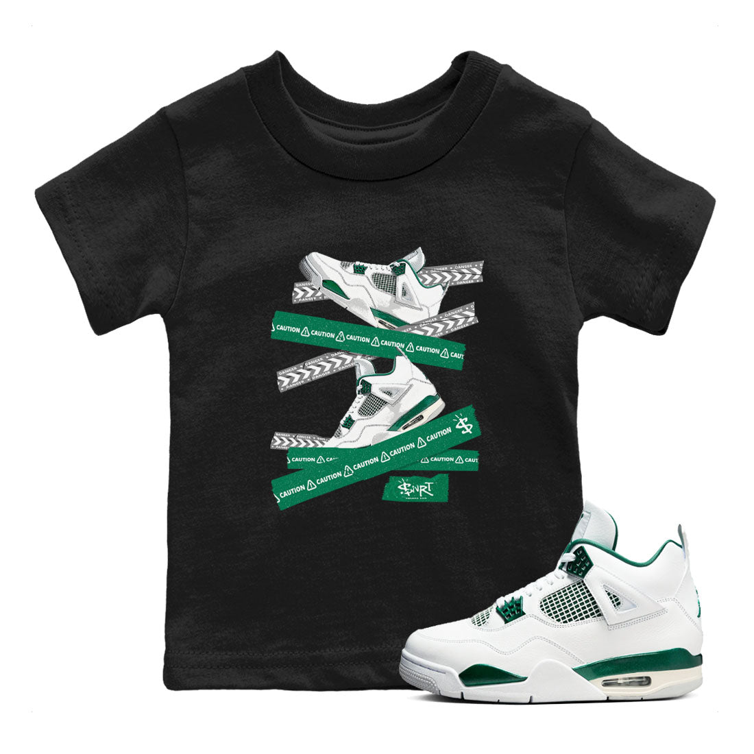 4s Oxidized Green shirts to match jordans Caution Tape sneaker match tees Air Jordan 4 Oxidized Green SNRT Sneaker Tees streetwear brand Baby and Youth Black 1 cotton tee