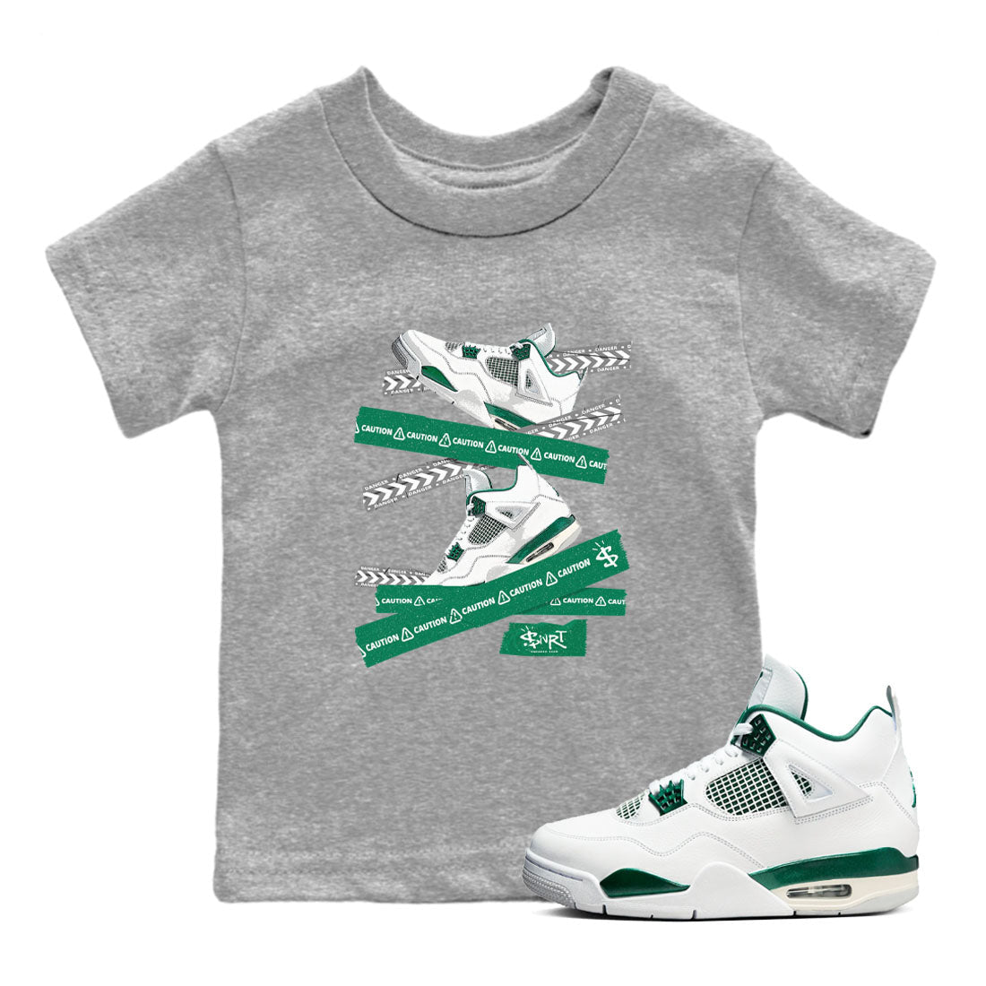 4s Oxidized Green shirts to match jordans Caution Tape sneaker match tees Air Jordan 4 Oxidized Green SNRT Sneaker Tees streetwear brand Baby and Youth Heather Grey 1 cotton tee