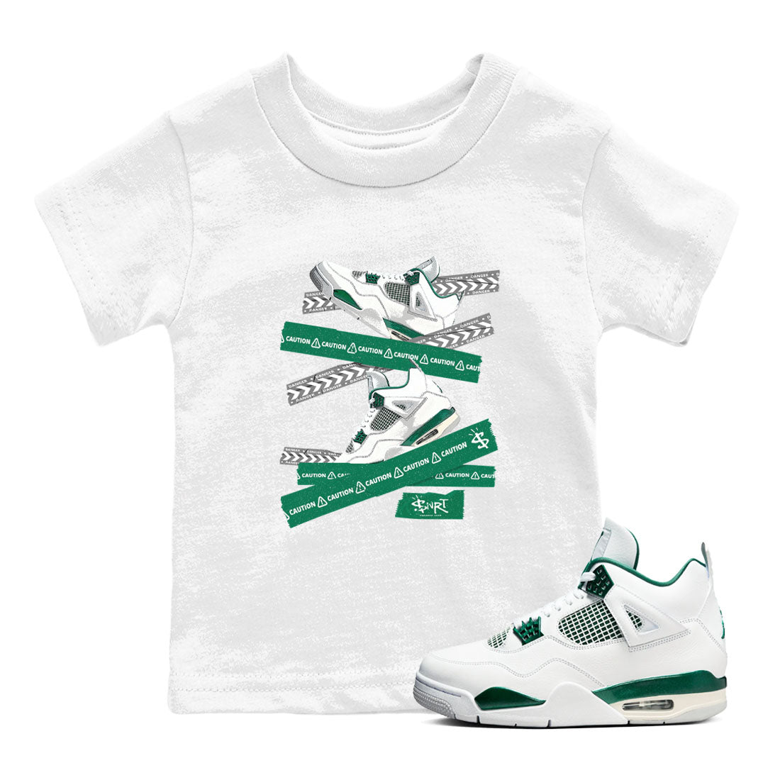 4s Oxidized Green shirts to match jordans Caution Tape sneaker match tees Air Jordan 4 Oxidized Green SNRT Sneaker Tees streetwear brand Baby and Youth White 1 cotton tee