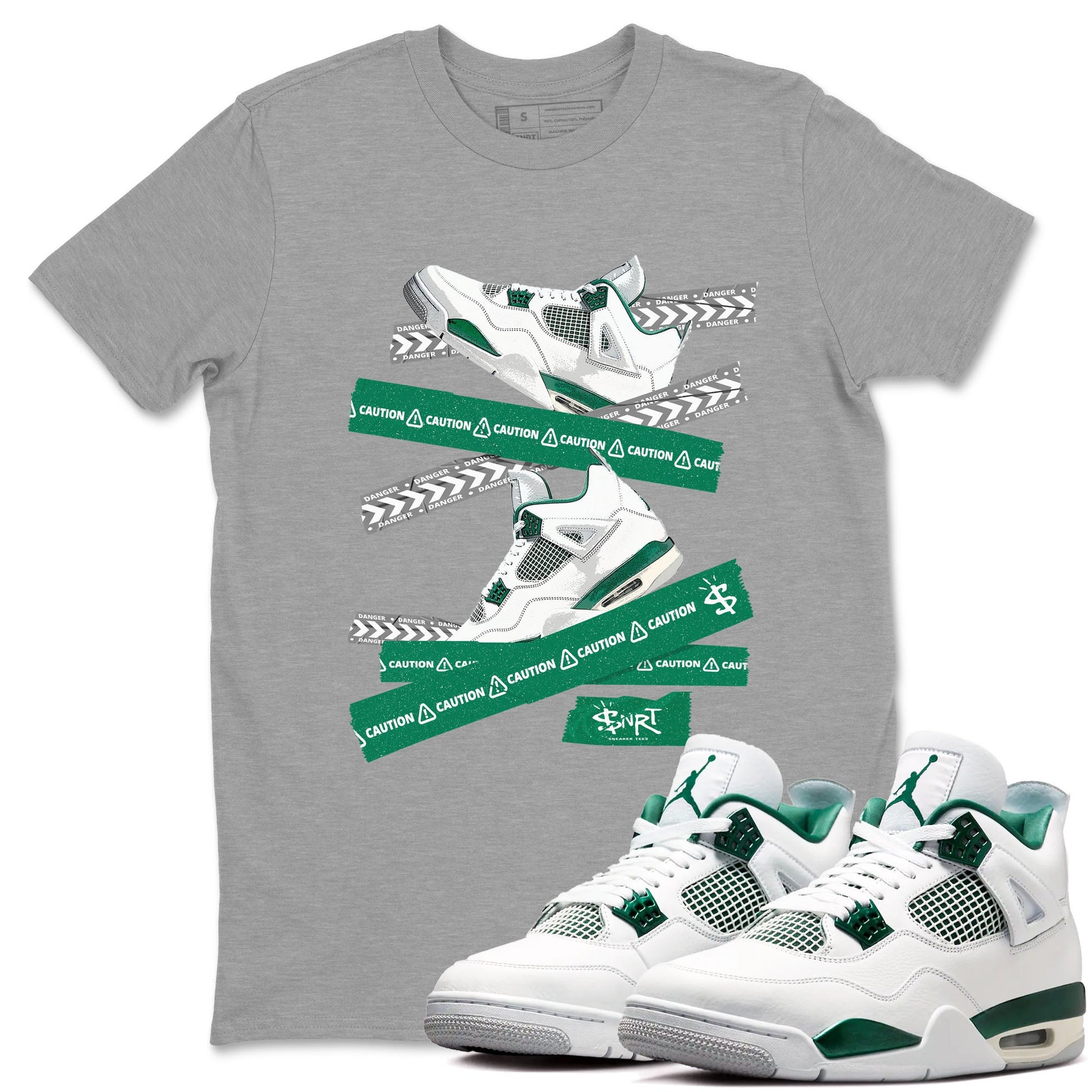 4s Oxidized Green shirts to match jordans Caution Tape sneaker match tees Air Jordan 4 Oxidized Green SNRT Sneaker Tees streetwear brand Heather Grey 1 unisex cotton tee