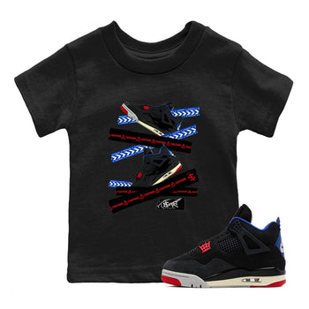 Caution Tape baby and kids t-shirt crafted for little sneakerheads to shine with the Air Jordan 4 Rare Air sneakers, displayed in Black 1.