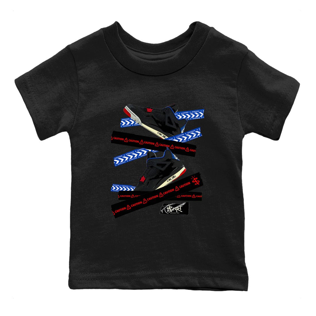 Caution Tape baby and kids t-shirt crafted for little sneakerheads to shine with the Air Jordan 4 Rare Air sneakers, displayed in Black 2.