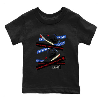 Caution Tape baby and kids t-shirt crafted for little sneakerheads to shine with the Air Jordan 4 Rare Air sneakers, displayed in Black 2.