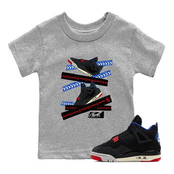 Caution Tape baby and kids t-shirt crafted for little sneakerheads to shine with the Air Jordan 4 Rare Air sneakers, displayed in Heather Grey 1.