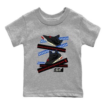 Caution Tape baby and kids t-shirt crafted for little sneakerheads to shine with the Air Jordan 4 Rare Air sneakers, displayed in Heather Grey 2.