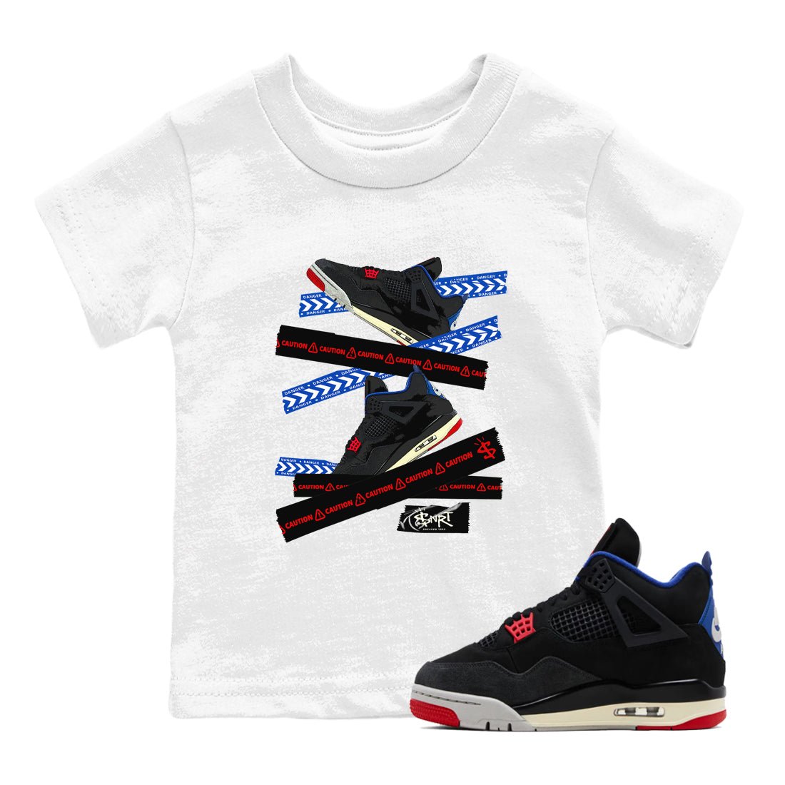 Caution Tape baby and kids t-shirt crafted for little sneakerheads to shine with the Air Jordan 4 Rare Air sneakers, displayed in White 1.