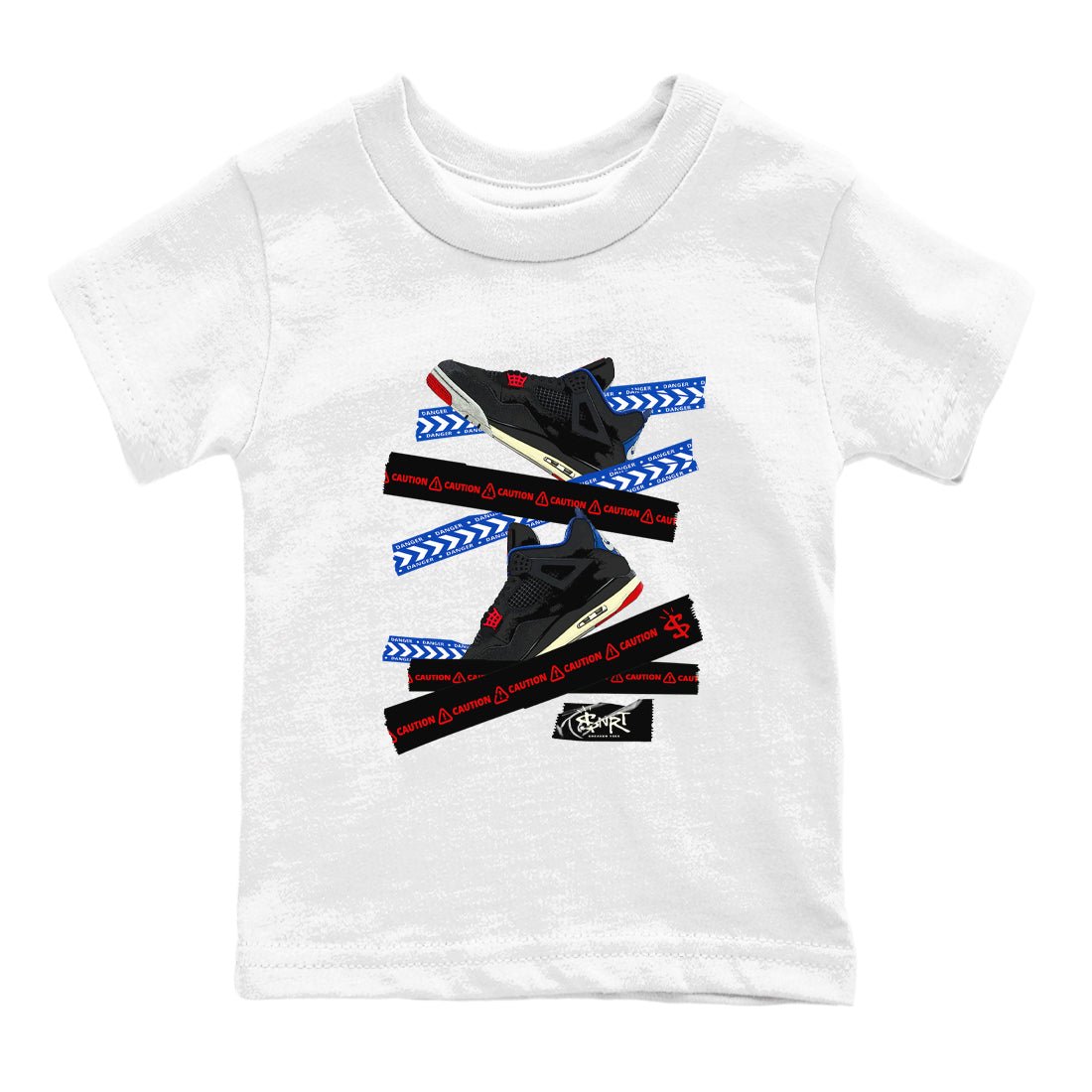 Caution Tape baby and kids t-shirt crafted for little sneakerheads to shine with the Air Jordan 4 Rare Air sneakers, displayed in White 2.