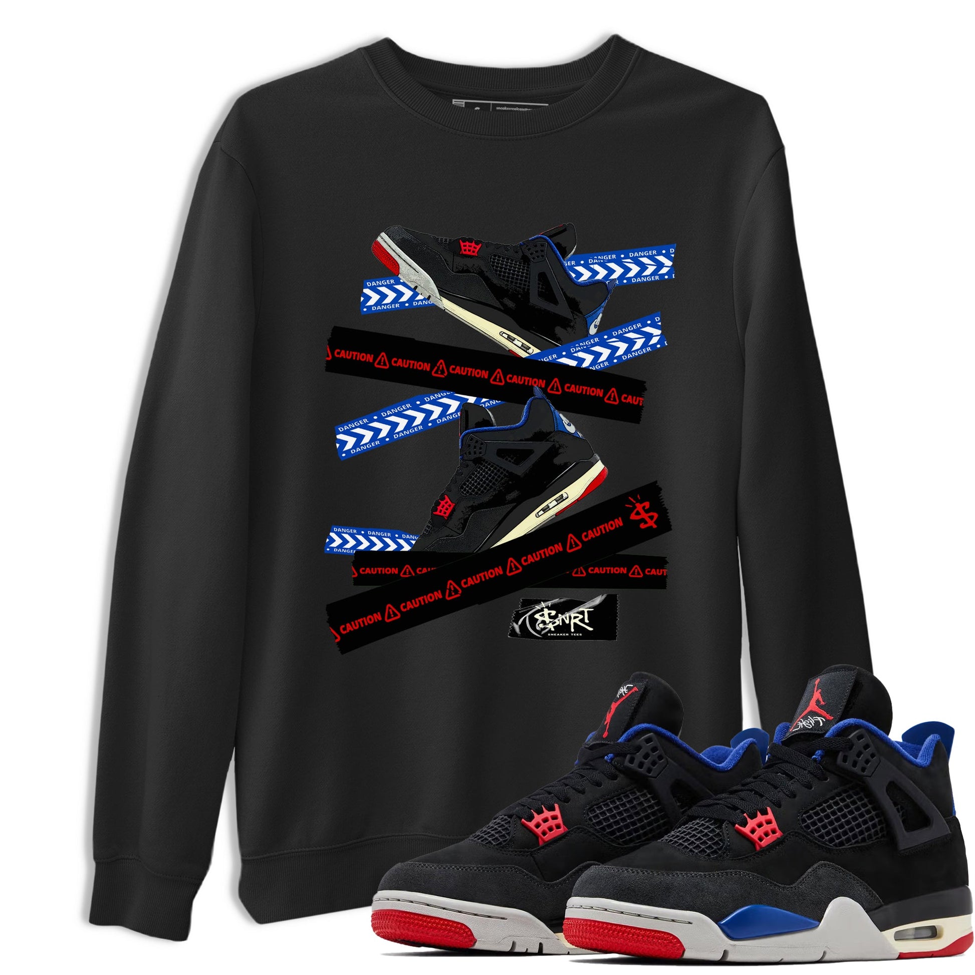 Caution Tape sneaker match t-shirt styled to complete your fit with the Air Jordan 4 Rare Air sneakers, shown in Black 1.