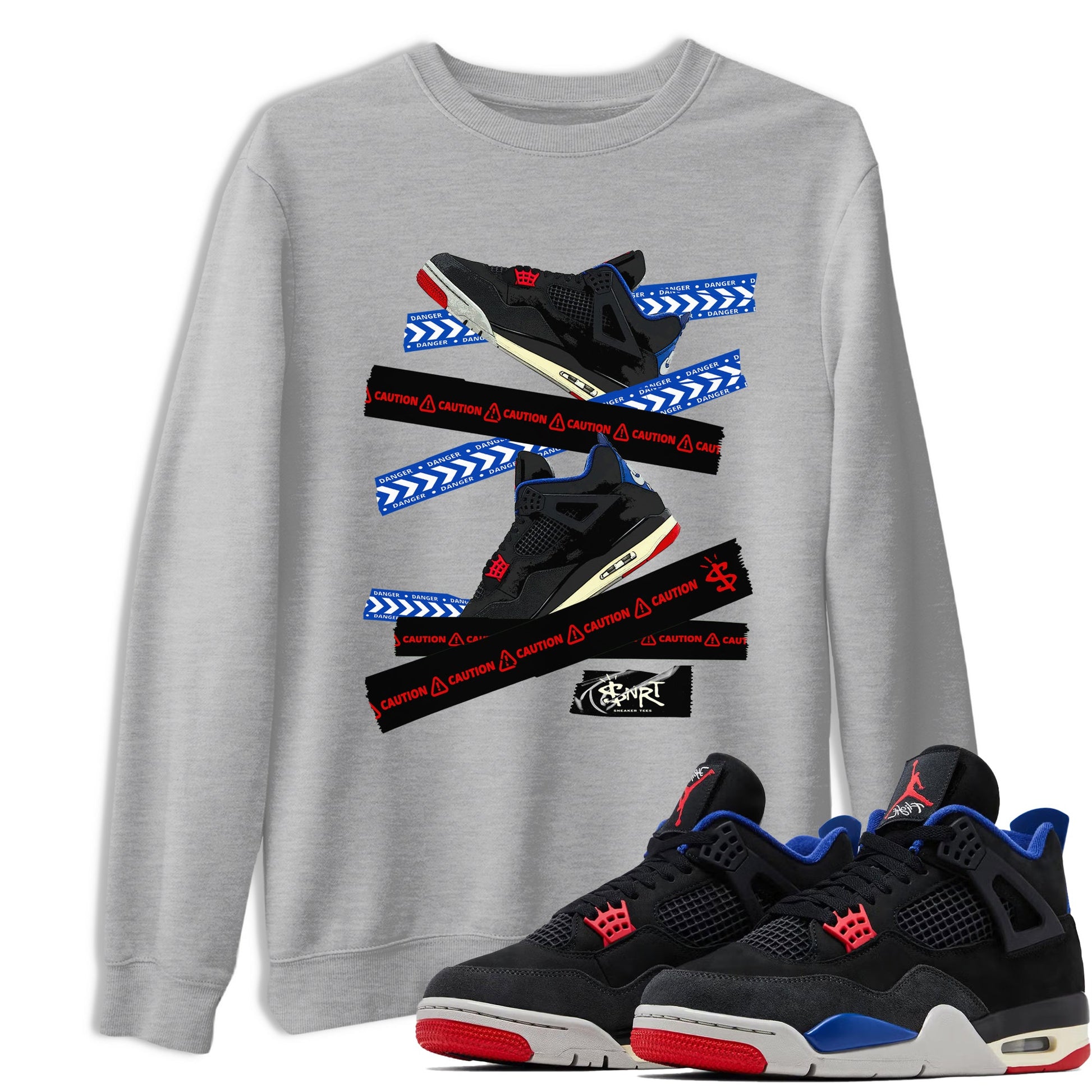 Caution Tape sneaker match t-shirt styled to complete your fit with the Air Jordan 4 Rare Air sneakers, shown in Heather Grey 1.