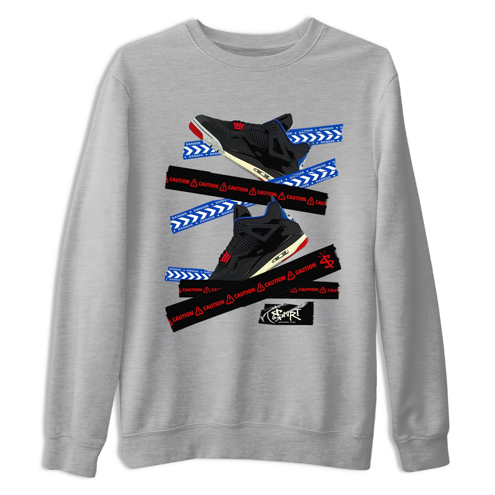 Caution Tape sneaker match t-shirt styled to complete your fit with the Air Jordan 4 Rare Air sneakers, shown in Heather Grey 2.