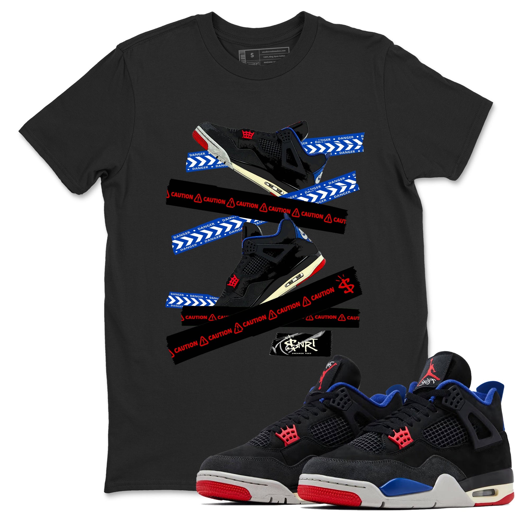 Caution Tape sneaker match t-shirt styled to complete your fit with the Air Jordan 4 Rare Air sneakers, shown in Black 1.