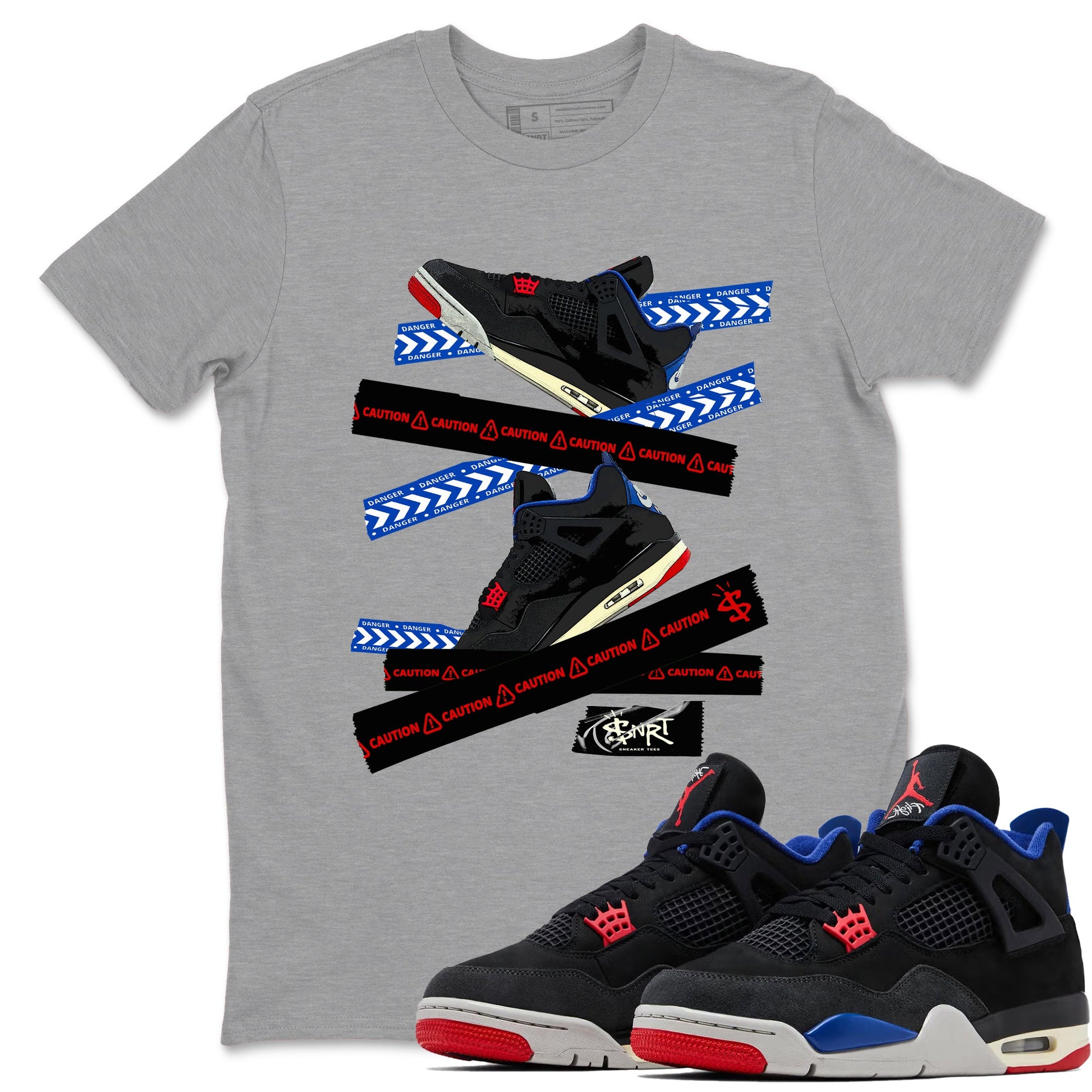 Caution Tape sneaker match t-shirt styled to complete your fit with the Air Jordan 4 Rare Air sneakers, shown in Heather Grey 1.