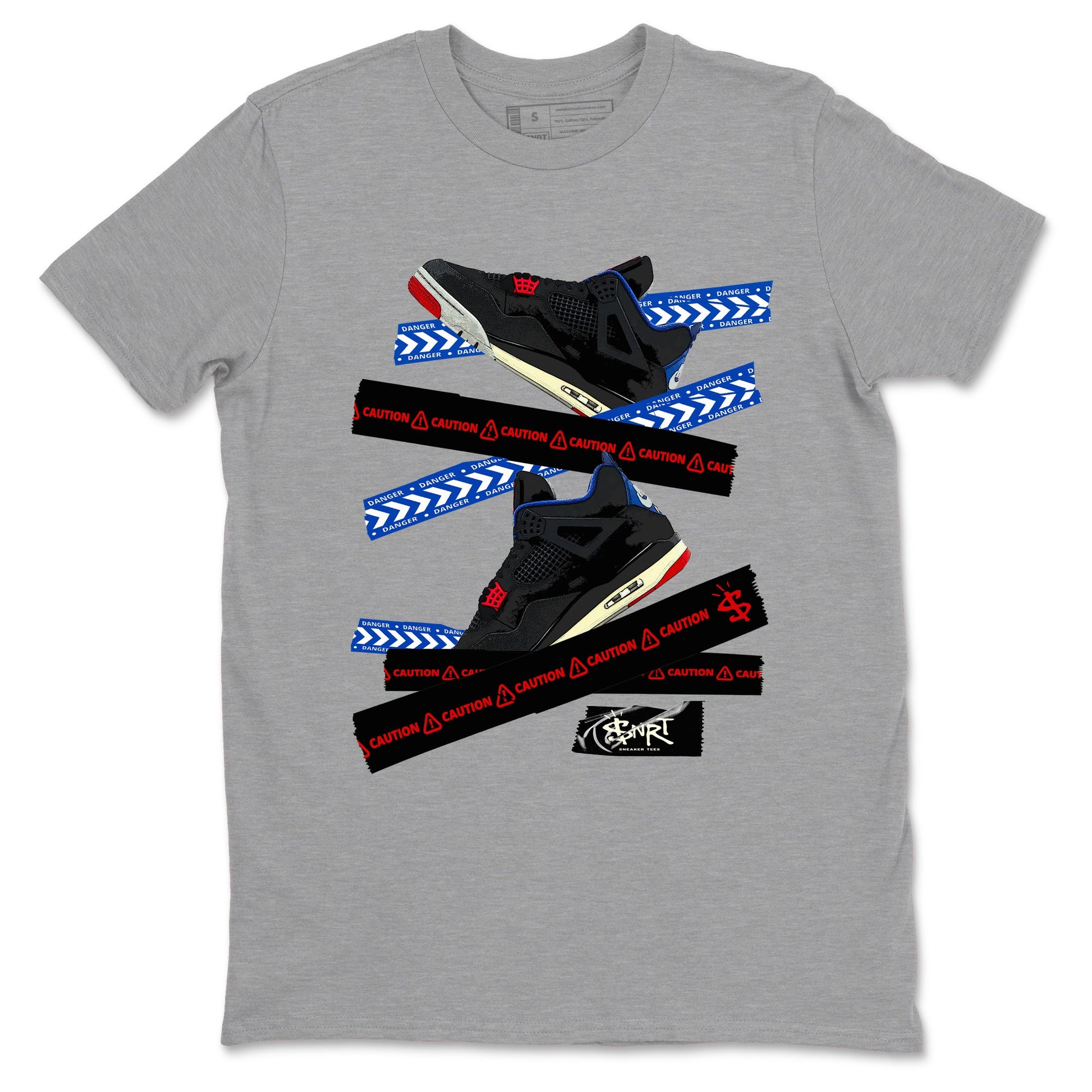 Caution Tape sneaker match t-shirt styled to complete your fit with the Air Jordan 4 Rare Air sneakers, shown in Heather Grey 2.