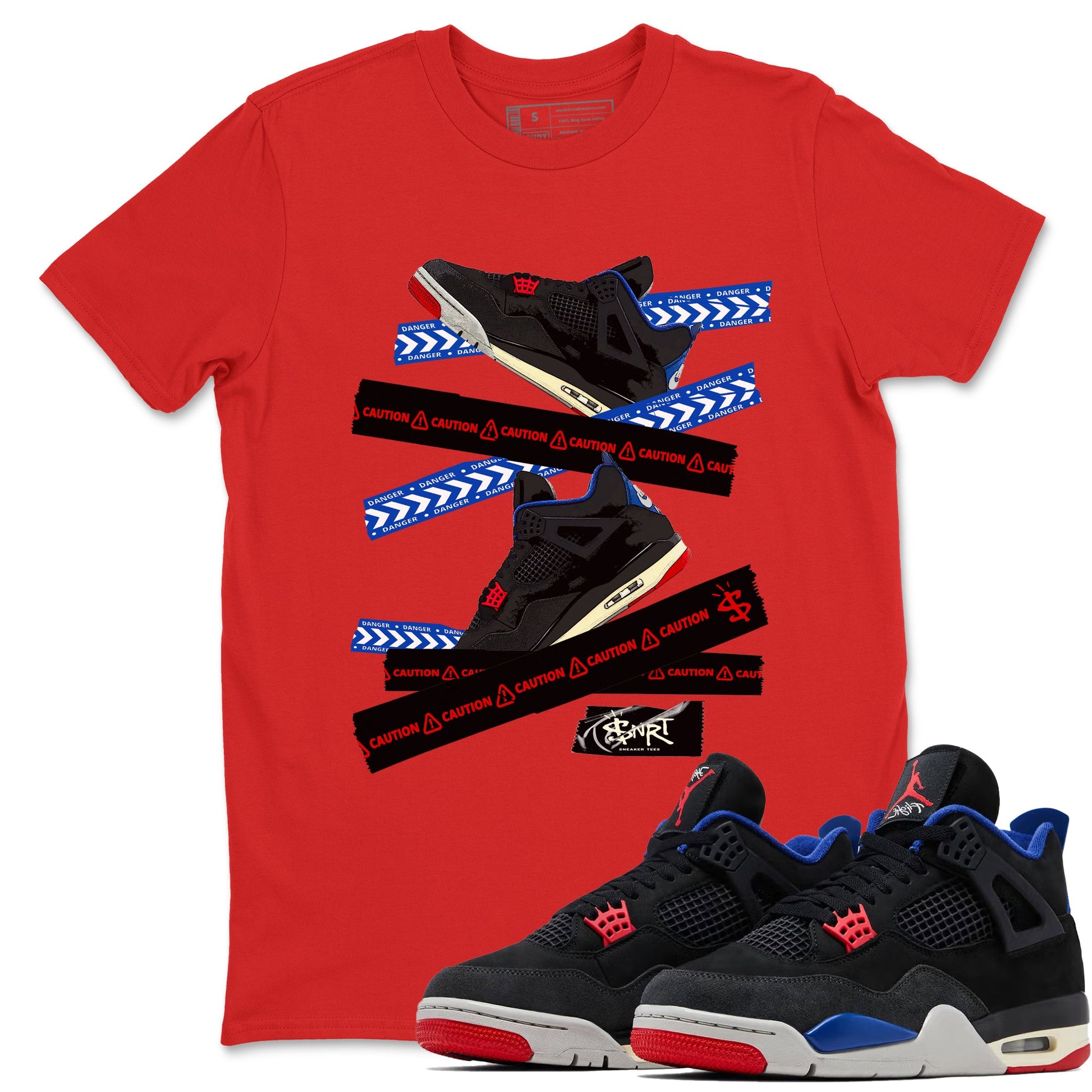 Caution Tape sneaker match t-shirt styled to complete your fit with the Air Jordan 4 Rare Air sneakers, shown in Red 1.