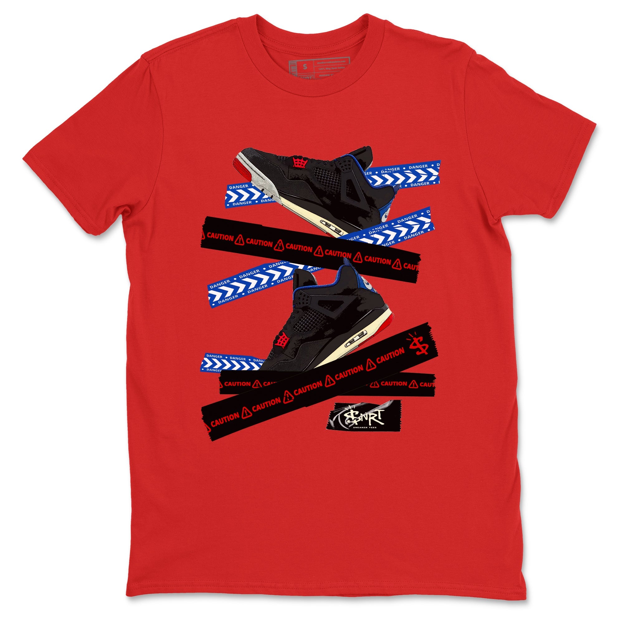 Caution Tape sneaker match t-shirt styled to complete your fit with the Air Jordan 4 Rare Air sneakers, shown in Red 2.