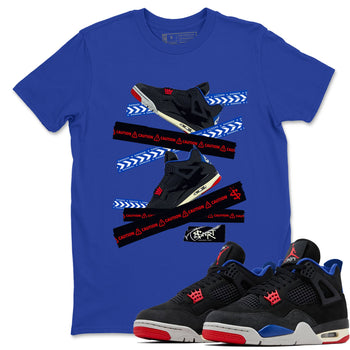 Caution Tape sneaker match t-shirt styled to complete your fit with the Air Jordan 4 Rare Air sneakers, shown in Royal Blue 1.