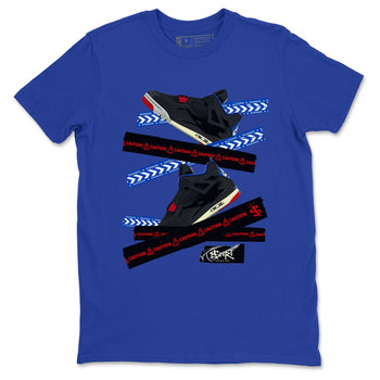 Caution Tape sneaker match t-shirt styled to complete your fit with the Air Jordan 4 Rare Air sneakers, shown in Royal Blue 2.