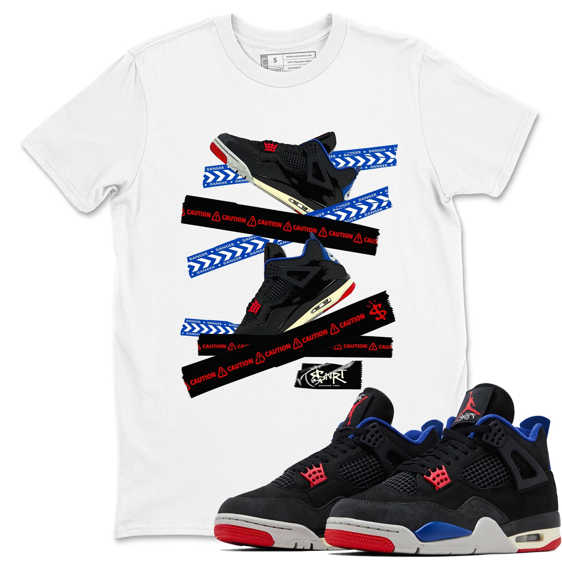 Caution Tape sneaker match t-shirt styled to complete your fit with the Air Jordan 4 Rare Air sneakers, shown in White 1.