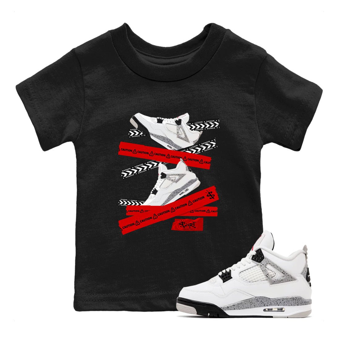 Caution Tape baby and kids t-shirt crafted for little sneakerheads to shine with the Air Jordan 4 White Cement sneakers, displayed in Black 1.