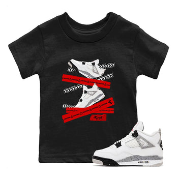 Caution Tape baby and kids t-shirt crafted for little sneakerheads to shine with the Air Jordan 4 White Cement sneakers, displayed in Black 1.