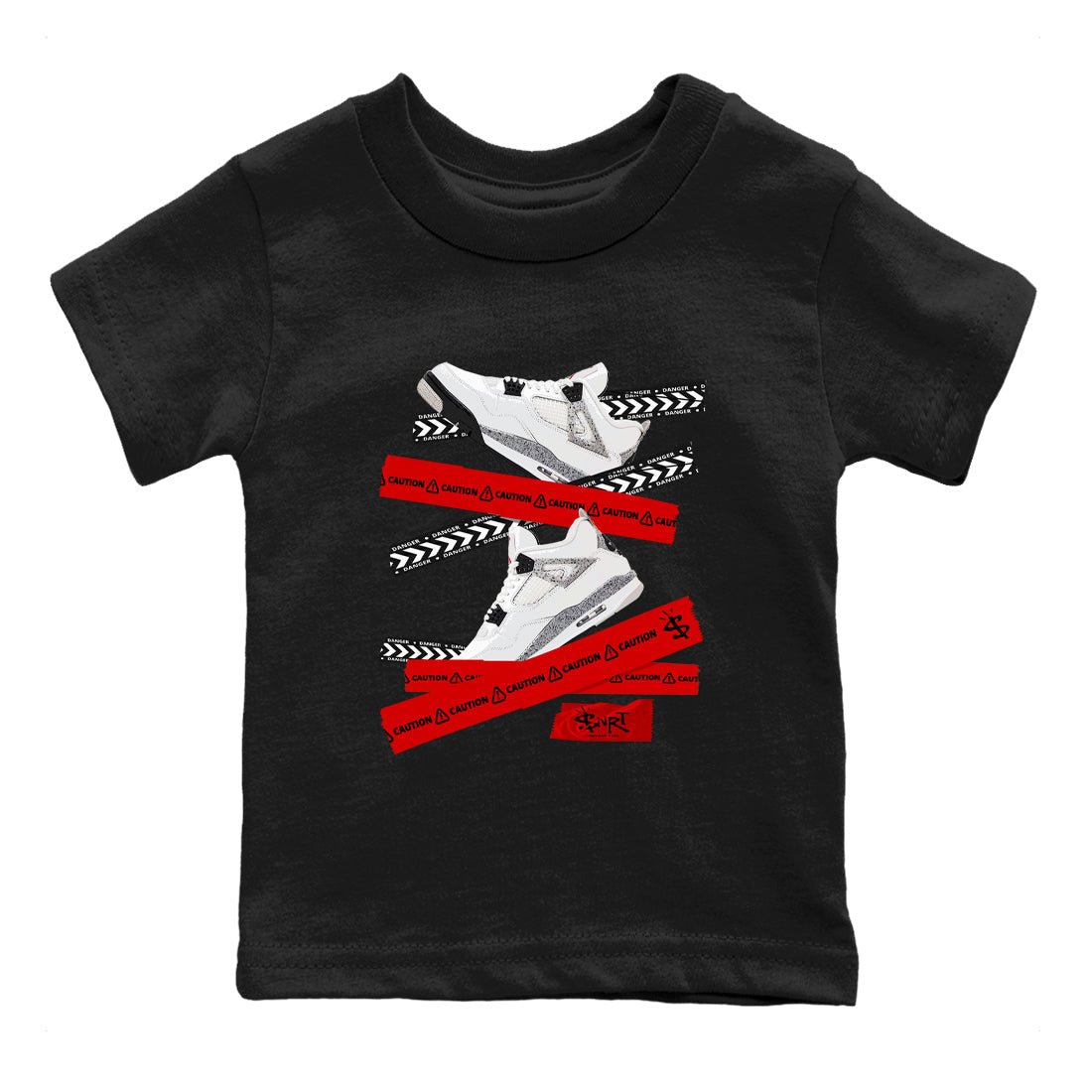 Caution Tape baby and kids t-shirt crafted for little sneakerheads to shine with the Air Jordan 4 White Cement sneakers, displayed in Black 2.