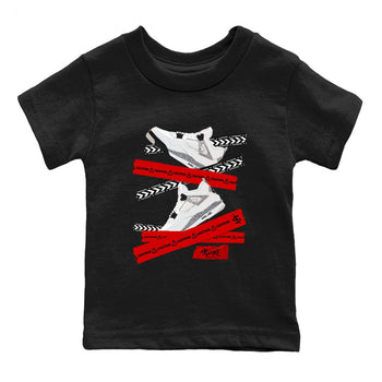 Caution Tape baby and kids t-shirt crafted for little sneakerheads to shine with the Air Jordan 4 White Cement sneakers, displayed in Black 2.
