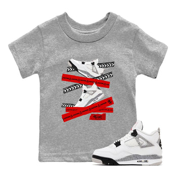 Caution Tape baby and kids t-shirt crafted for little sneakerheads to shine with the Air Jordan 4 White Cement sneakers, displayed in Heather Grey 1.