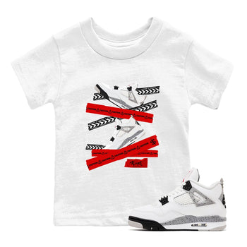 Caution Tape baby and kids t-shirt crafted for little sneakerheads to shine with the Air Jordan 4 White Cement sneakers, displayed in White 1.