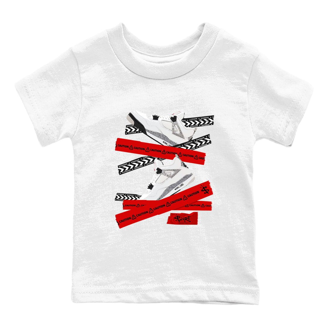 Caution Tape baby and kids t-shirt crafted for little sneakerheads to shine with the Air Jordan 4 White Cement sneakers, displayed in White 2.