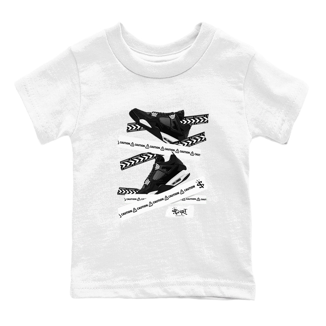 4s White Thunder shirts to match jordans Caution Tape sneaker match tees Air Jordan 4 Retro White Thunder SNRT Sneaker Release Tees Youth Baby White 2 crew neck shirts