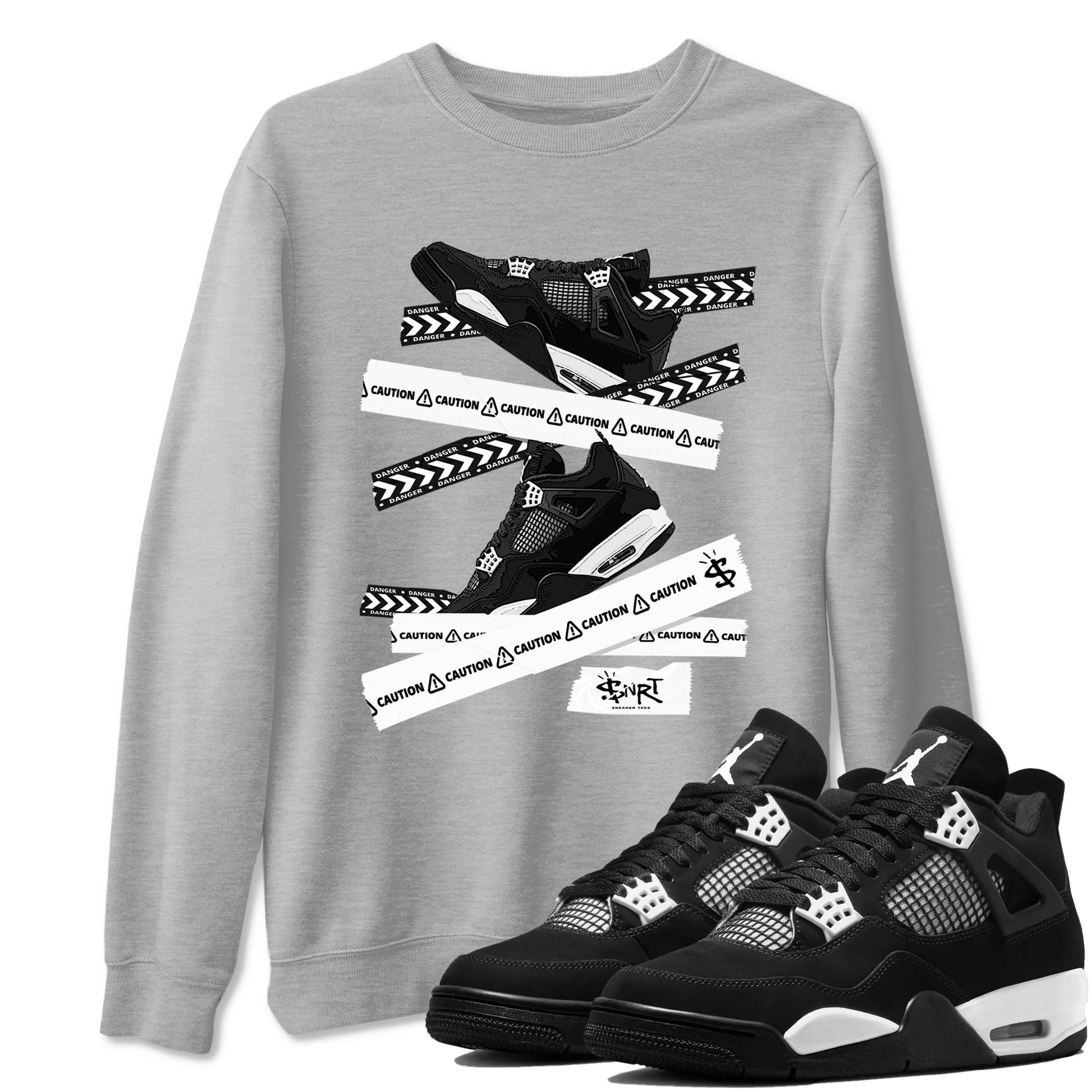 4s White Thunder shirts to match jordans Caution Tape sneaker match tees Air Jordan 4 Retro White Thunder SNRT Sneaker Release Tees unisex cotton Heather Grey 1 crew neck shirts