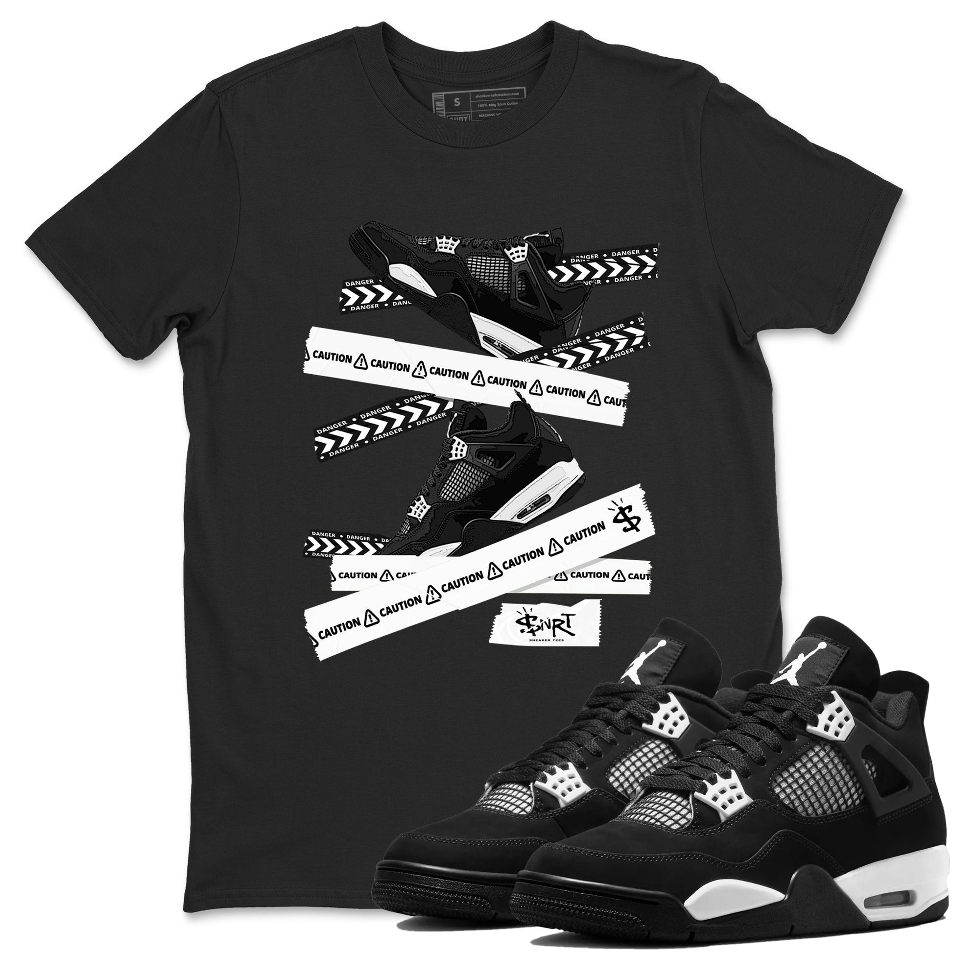 4s White Thunder shirts to match jordans Caution Tape sneaker match tees Air Jordan 4 Retro White Thunder SNRT Sneaker Release Tees unisex cotton Black 1 crew neck shirts