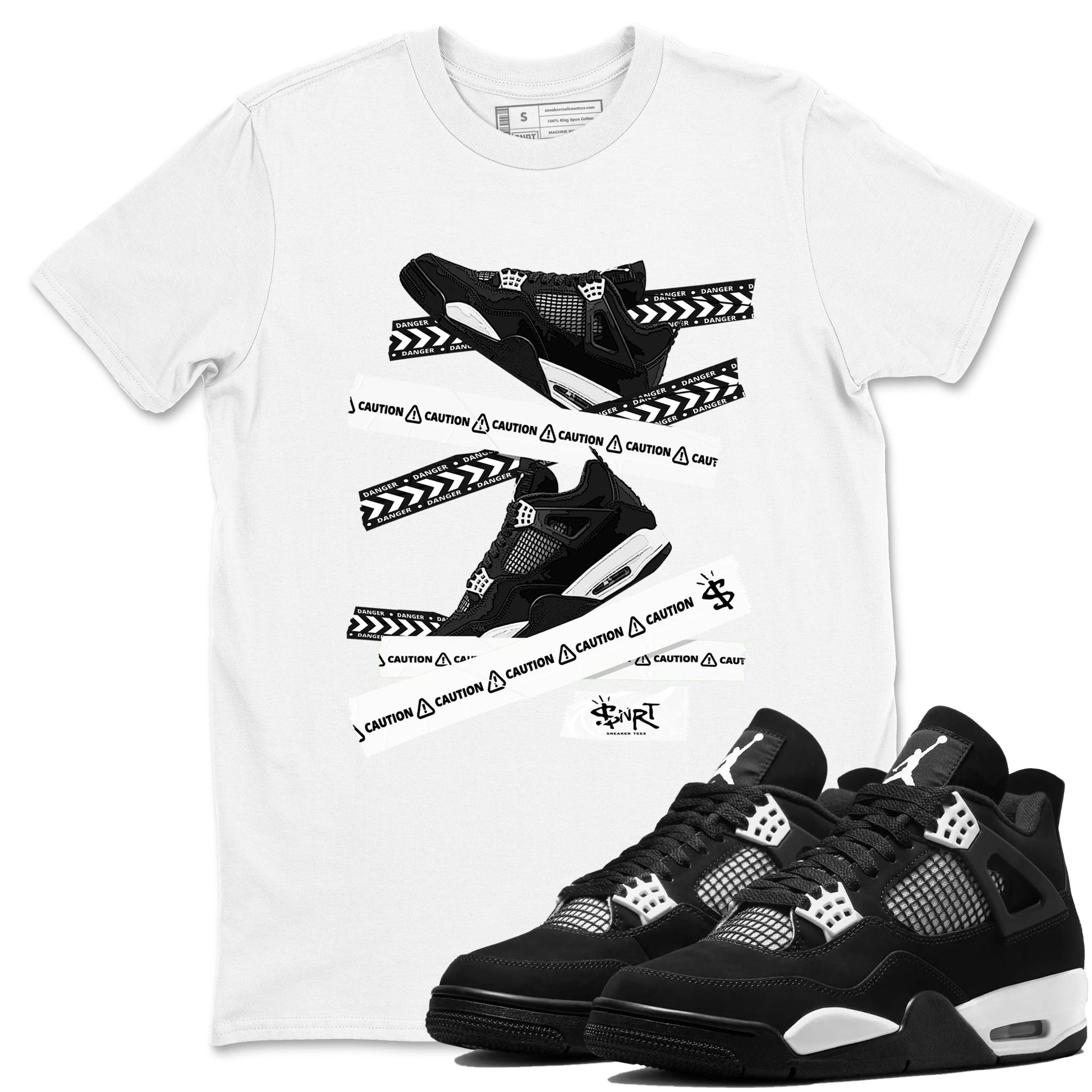 4s White Thunder shirts to match jordans Caution Tape sneaker match tees Air Jordan 4 Retro White Thunder SNRT Sneaker Release Tees unisex cotton White 1 crew neck shirts