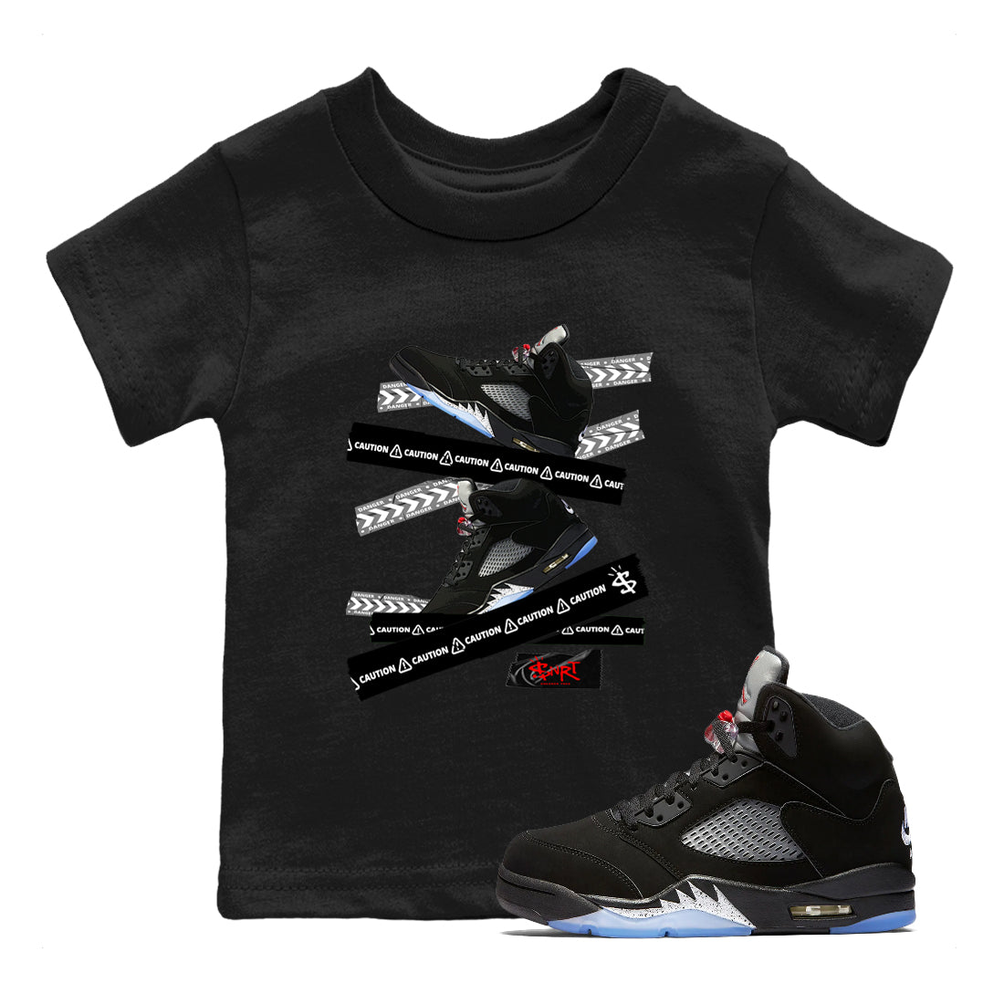 5s Reimagined shirts to match jordans Caution Tape best t shirts to wear with jordans Air Jordan 5 Retro OG Reimagined match shoes to clothes SNRT Sneaker Tees Youth Baby Black 1 tee