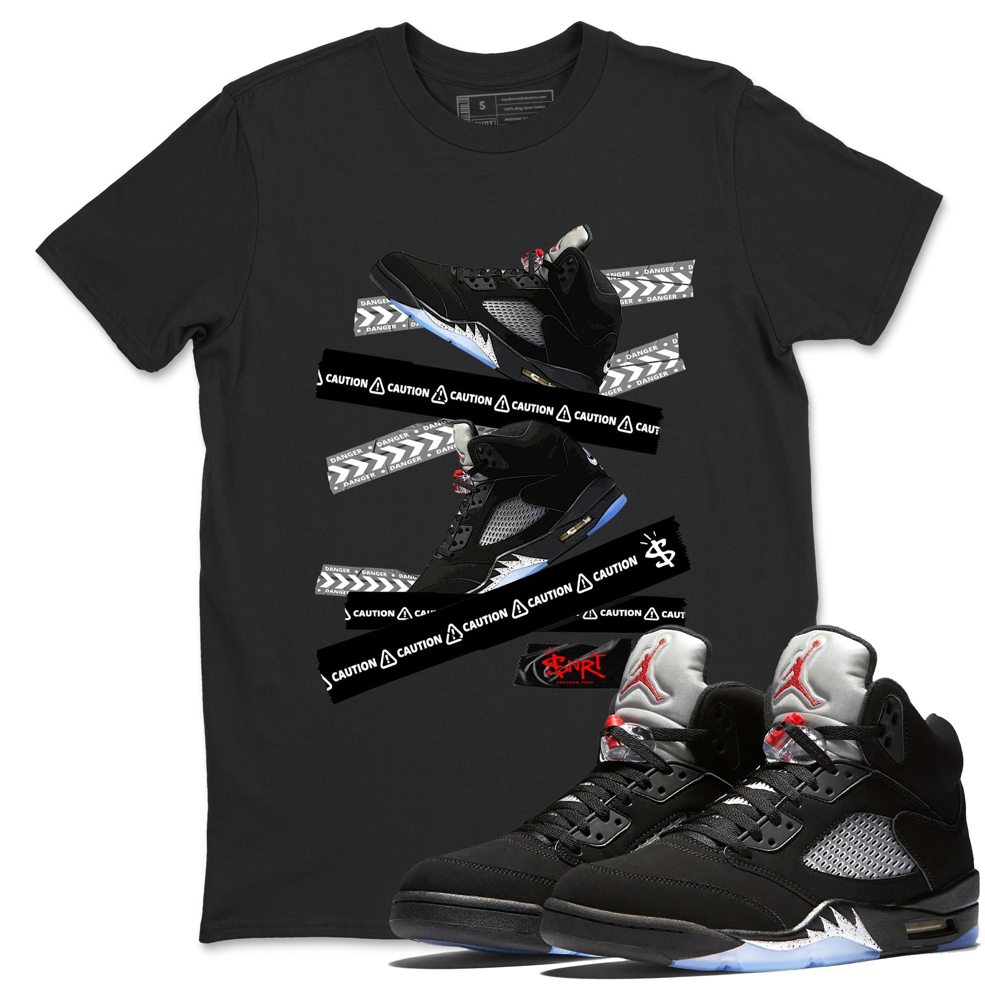 5s Reimagined shirts to match jordans Caution Tape best t shirts to wear with jordans Air Jordan 5 Retro OG Reimagined match shoes to clothes SNRT Sneaker Tees unisex cotton Black 1 shirts