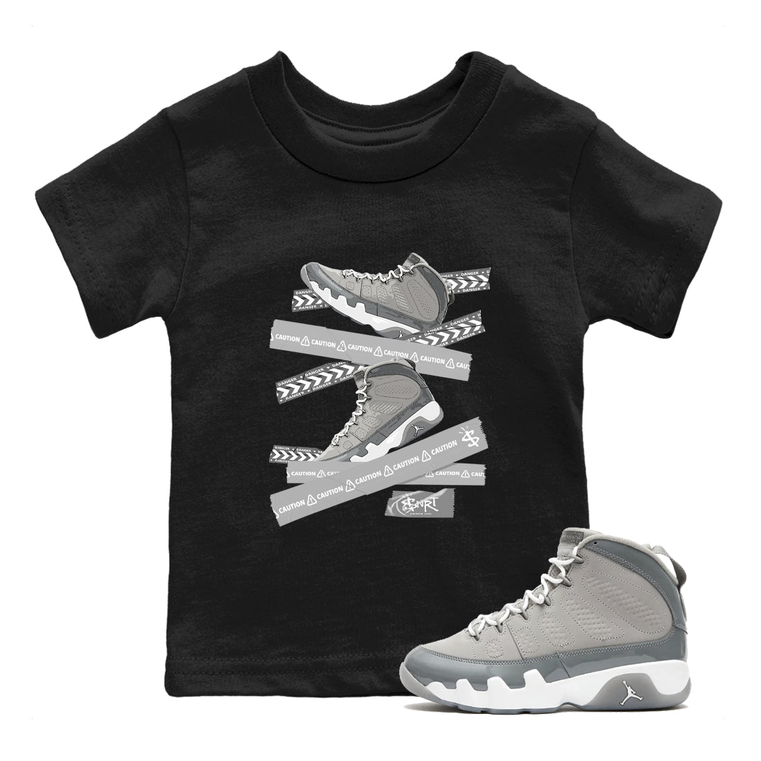 9s Cool Grey best t shirts to wear with jordans Caution Tape sneaker match tees Air Jordan 9 Retro Cool Grey match shoes to clothes SNRT Sneaker Tees Youth Baby Black 1 tee
