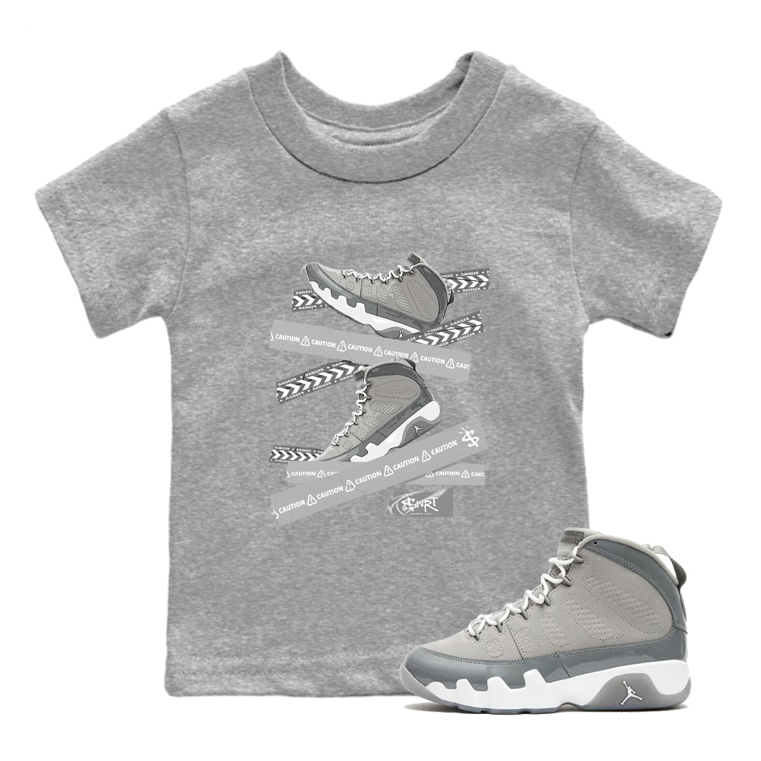 9s Cool Grey best t shirts to wear with jordans Caution Tape sneaker match tees Air Jordan 9 Retro Cool Grey match shoes to clothes SNRT Sneaker Tees Youth Baby Heather Grey 1 tee