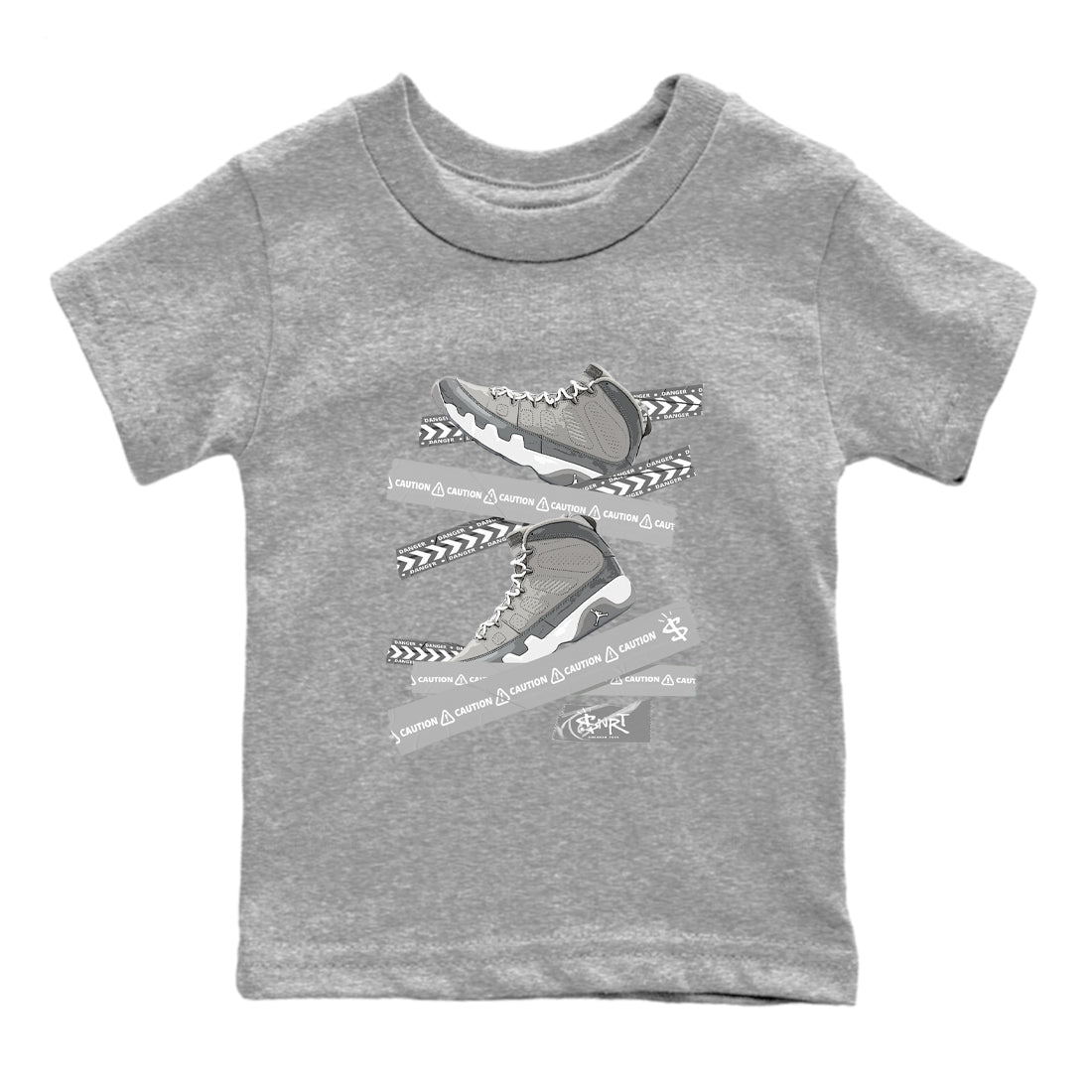9s Cool Grey best t shirts to wear with jordans Caution Tape sneaker match tees Air Jordan 9 Retro Cool Grey match shoes to clothes SNRT Sneaker Tees Youth Baby Heather Grey 2 tee
