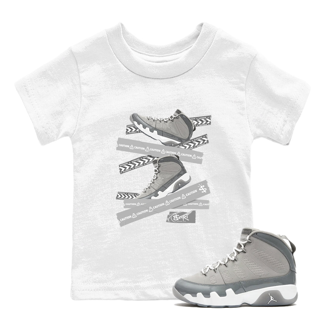 9s Cool Grey best t shirts to wear with jordans Caution Tape sneaker match tees Air Jordan 9 Retro Cool Grey match shoes to clothes SNRT Sneaker Tees Youth Baby White 1 tee