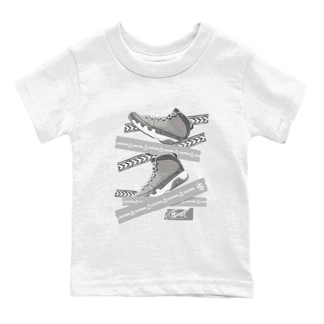 9s Cool Grey best t shirts to wear with jordans Caution Tape sneaker match tees Air Jordan 9 Retro Cool Grey match shoes to clothes SNRT Sneaker Tees Youth Baby White 2 tee