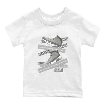 9s Cool Grey best t shirts to wear with jordans Caution Tape sneaker match tees Air Jordan 9 Retro Cool Grey match shoes to clothes SNRT Sneaker Tees Youth Baby White 2 tee