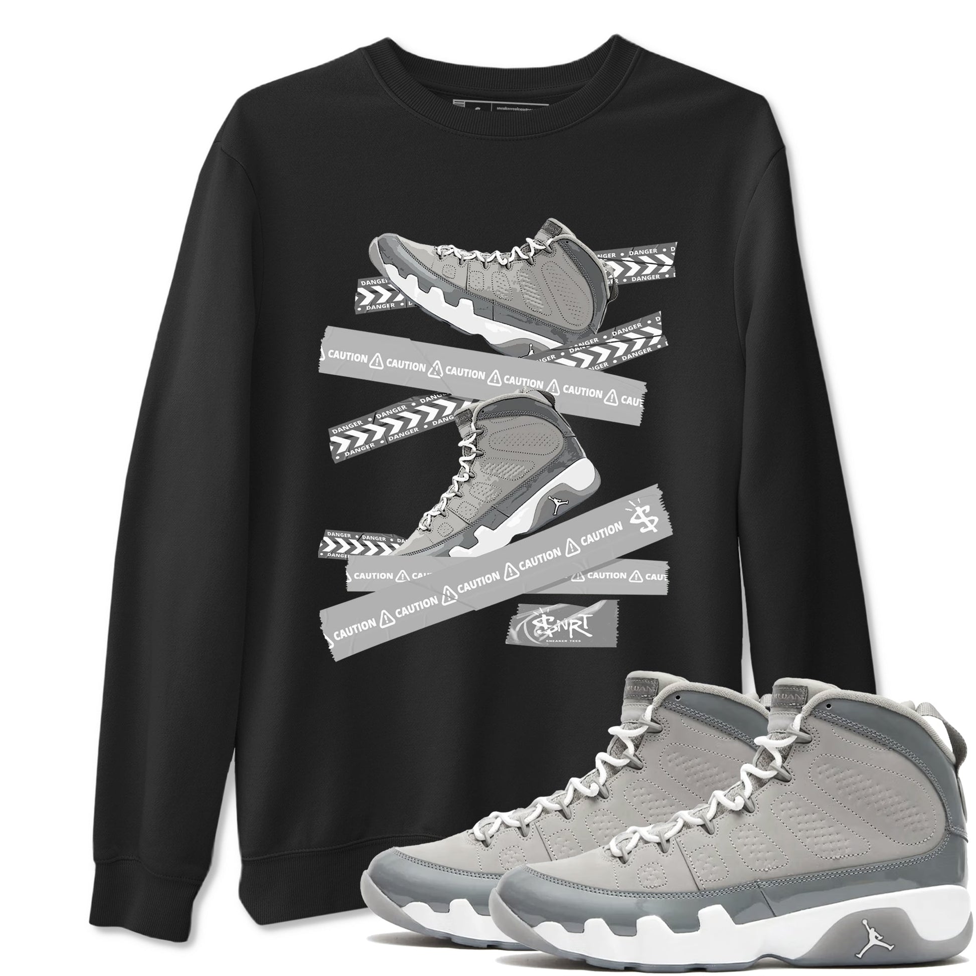 9s Cool Grey best t shirts to wear with jordans Caution Tape sneaker match tees Air Jordan 9 Retro Cool Grey match shoes to clothes SNRT Sneaker Tees unisex cotton Black 1 shirts